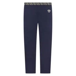 Blauwe aansluitende broek met geborduurd logo