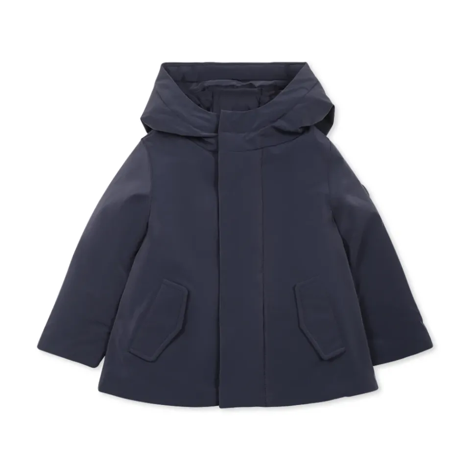 Blauwe Gewatteerde Donsjas met Capuchon