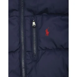 Blauwe gewatteerde jas met ponyborduursel