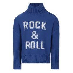 Blauwe Rollneck Sweater met Intarsia Schrijven