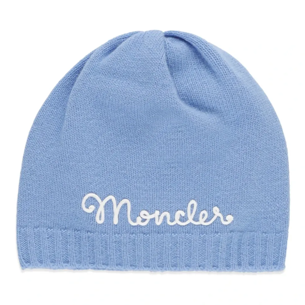 Blauwe Wollen Muts Meisje Logo Borduurwerk