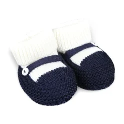 Blauwe wollen pantoffels met moeder van parel knoop