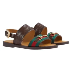 Bruine leren sandalen met webmotief