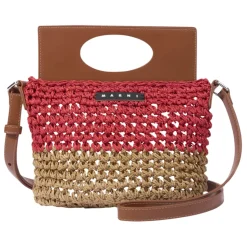 Bruine Raffia en Imitatie Leren Crossbody Tas