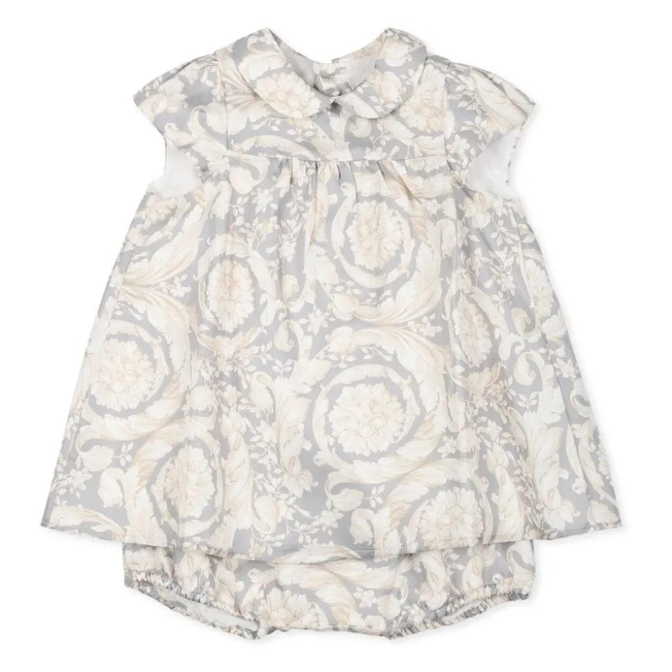 Elegante Grijze Zijden Jurk Barocco Print