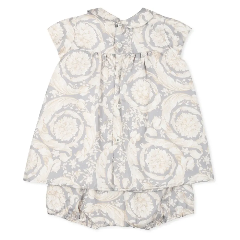 Elegante Grijze Zijden Jurk Barocco Print