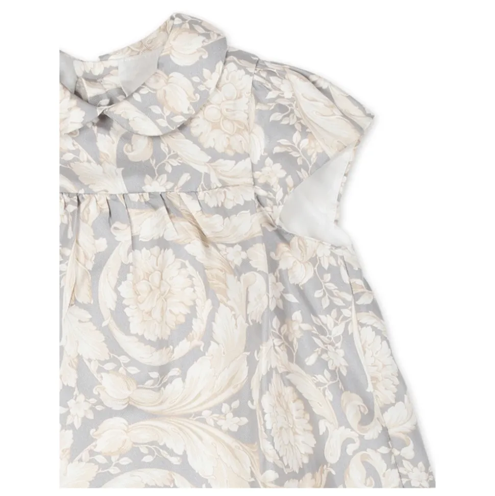 Elegante Grijze Zijden Jurk Barocco Print