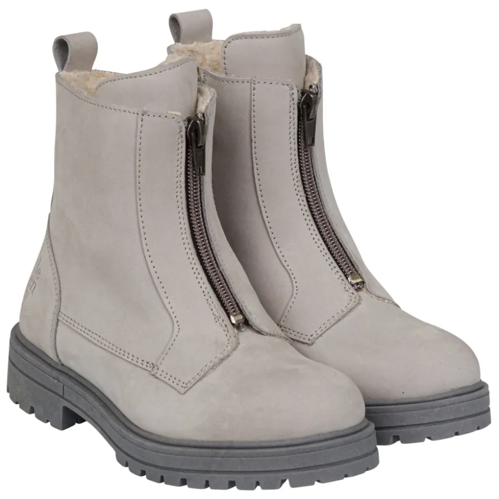 Grijze leren enkellaarzen met bontvoering