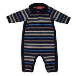 Kinderen voetloze blauwe fleece romper met veelkleurige strepen