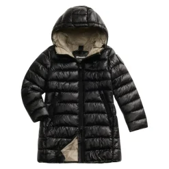 Lange winterjas van micro-ripstop nylon met gewatteerde capuchon met horizontale strepen