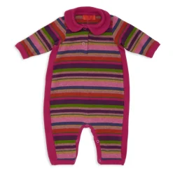 Paarse fleece romper zonder voetjes voor kinderen met veelkleurige strepen