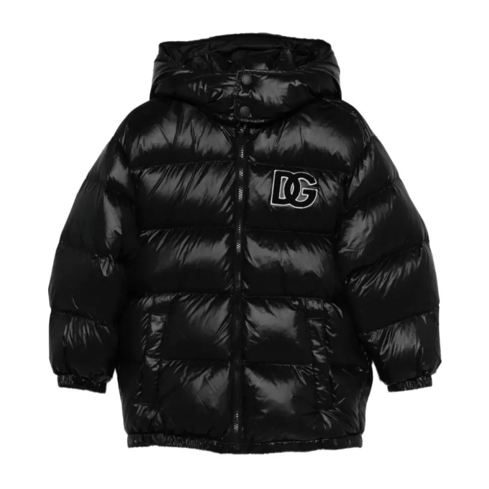 Piumino in nylon met capuchon en logoplaat