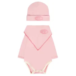 Roze Katoenen Bodysuit Set met Muts en Slabbetje