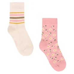 Roze Lurex Gestreepte en Bloemen Sokken