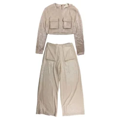 Roze Pailletten Cropped Shirt en Palazzo Broek