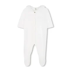 Set van muts, slabbetje en voetjesonesie met kanten rand