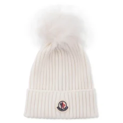 Witte Geribbelde Tricotmuts met Pompom