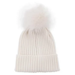 Witte Geribbelde Tricotmuts met Pompom