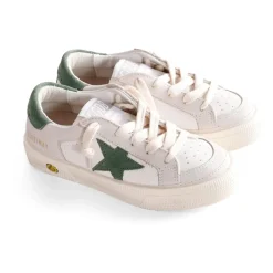 Witte Leren Sneakers met Groen Detail
