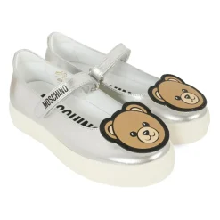 Zilveren Leren Ballerina met Teddy Bear Patch