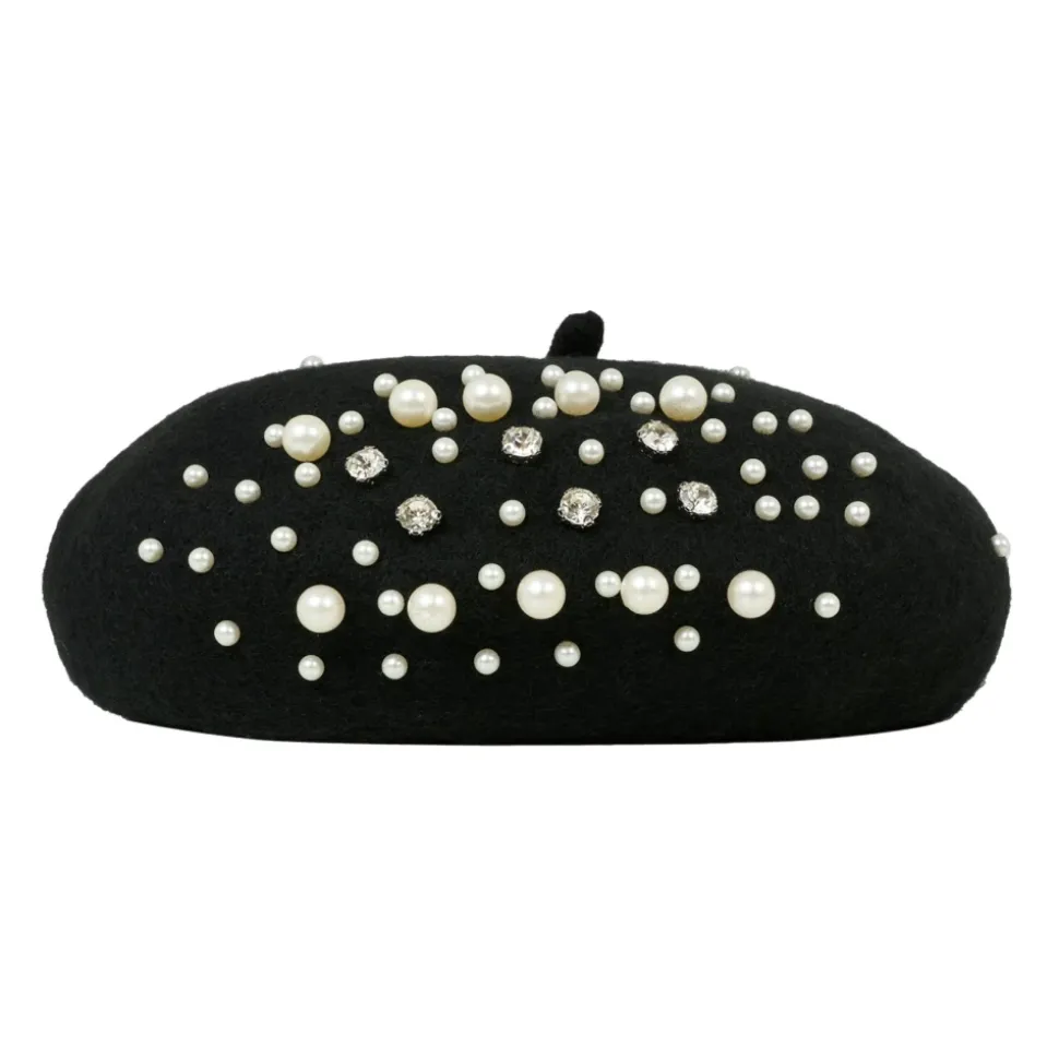 Zwarte Baret met Parels en Strass