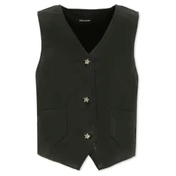 Zwarte Faux Leren Vest met Strass Knopen