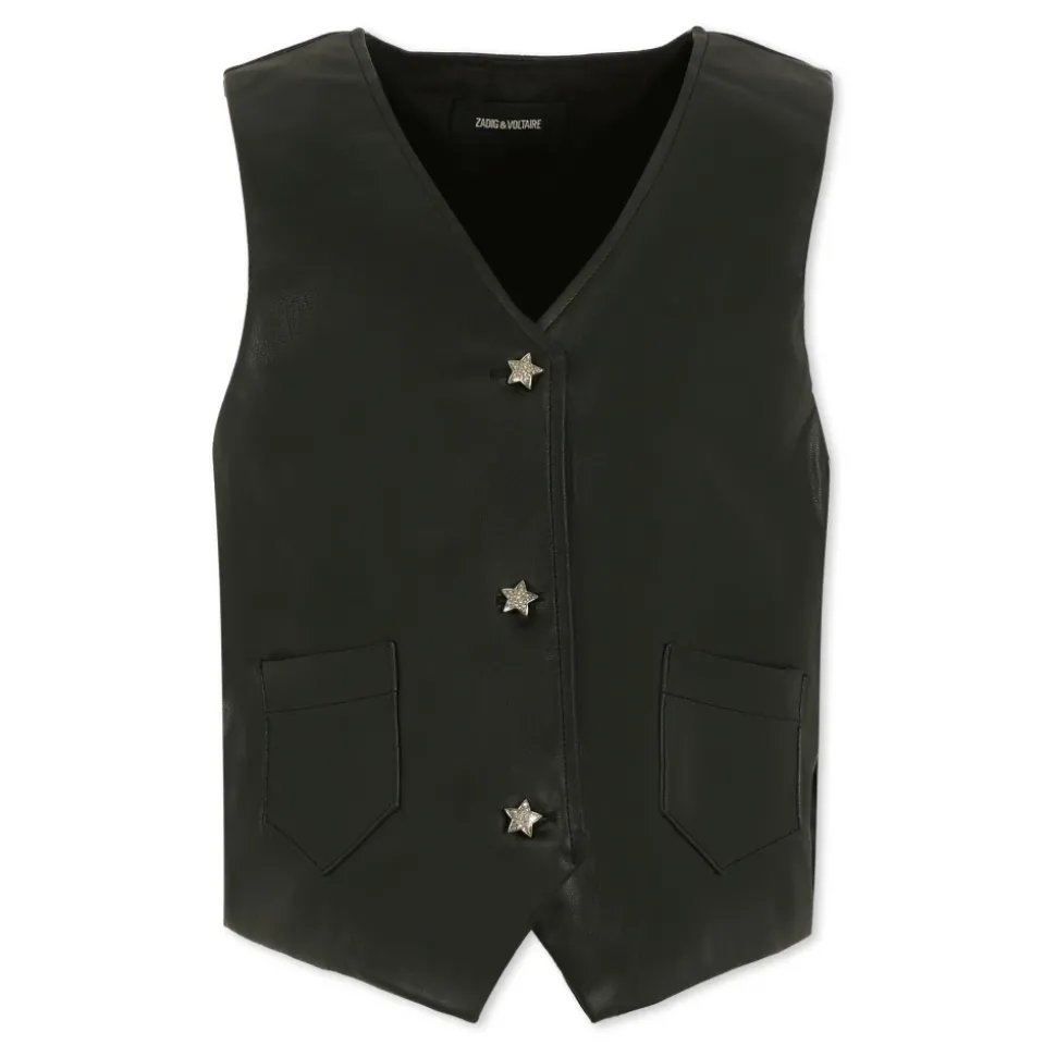 Zwarte Faux Leren Vest met Strass Knopen