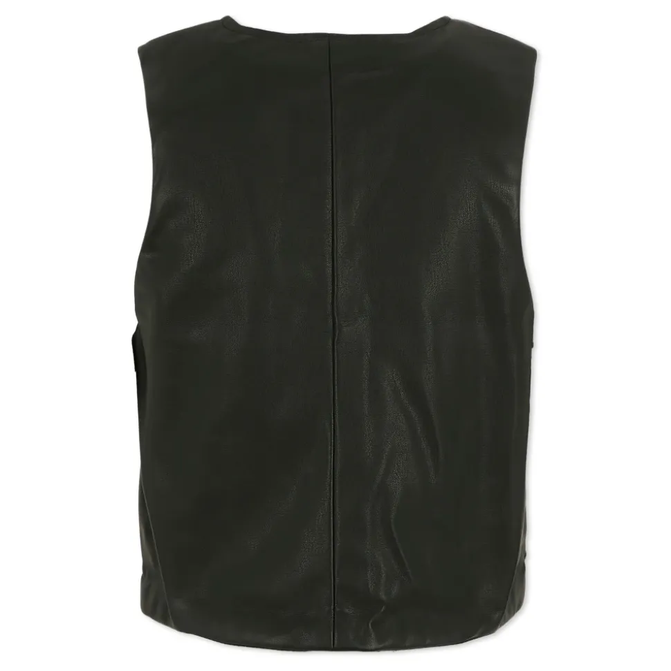 Zwarte Faux Leren Vest met Strass Knopen