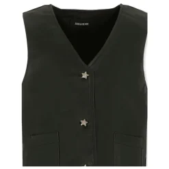 Zwarte Faux Leren Vest met Strass Knopen