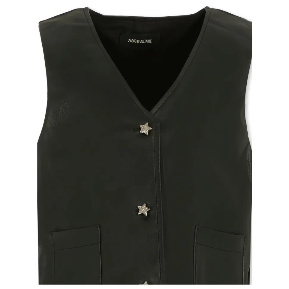 Zwarte Faux Leren Vest met Strass Knopen