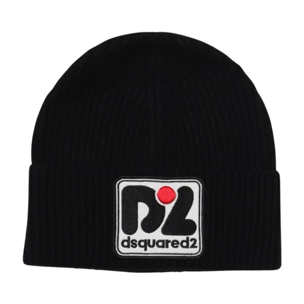 Zwarte geribbelde gebreide muts met logopatch