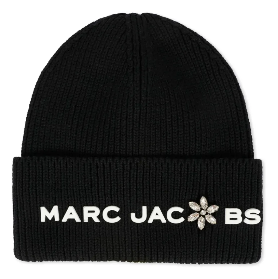 Zwarte Geribbelde Katoenen Beanie met Bloemen