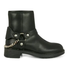 Zwarte Leren Enkellaarzen met Kettingdetail
