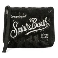 Zwarte Pailletten Clutch Tas met Geborduurd Logo